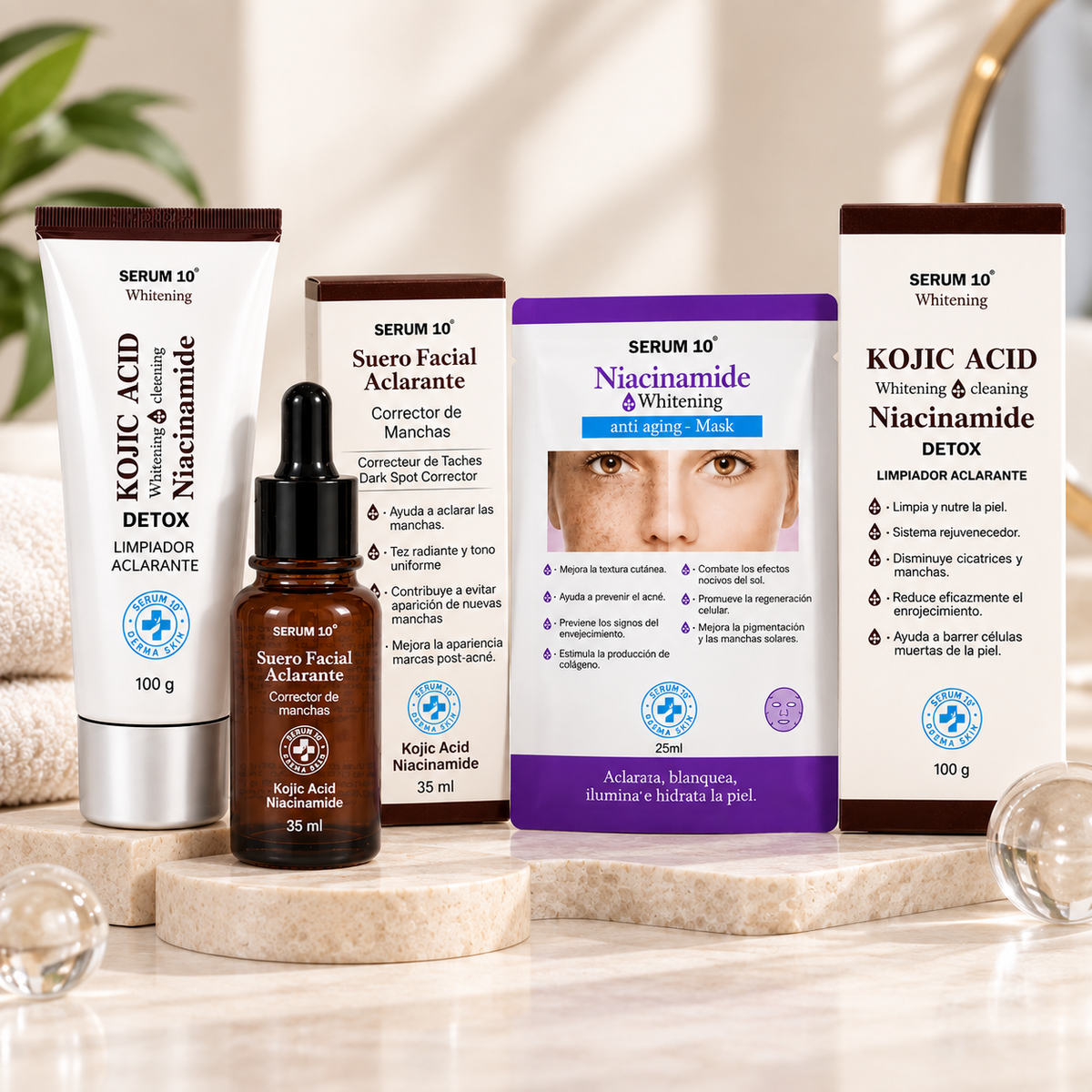Combo Sérum 10 Limpiador Ácido Kójico+ Sérum Aclarante + Mask Niacinamida